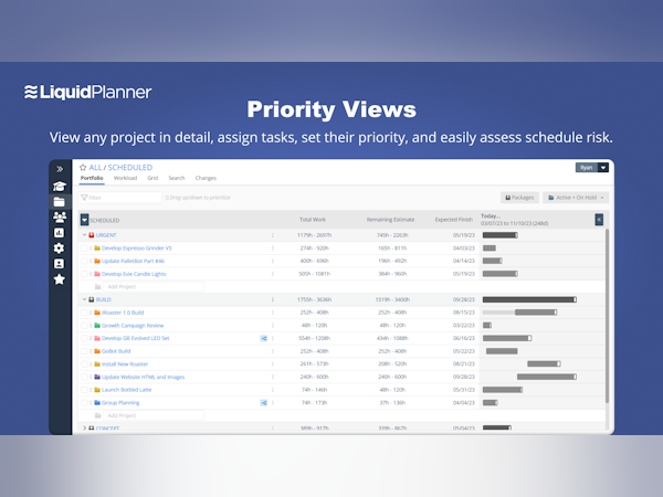 LiquidPlanner Software - Priority views is where you can drill down into the project details to assign tasks, set priorities, and easily assess schedule risk. This level of insight allows you to make changes to the project plan before deadlines are missed.