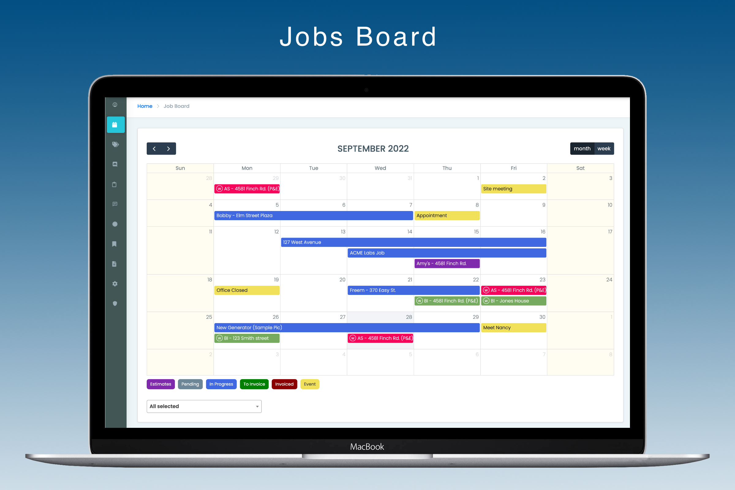 See all jobs, estimates, leads, work orders and purchase orders in one place.   Supports drag and drop to change dates.  Create appointments and tasks.