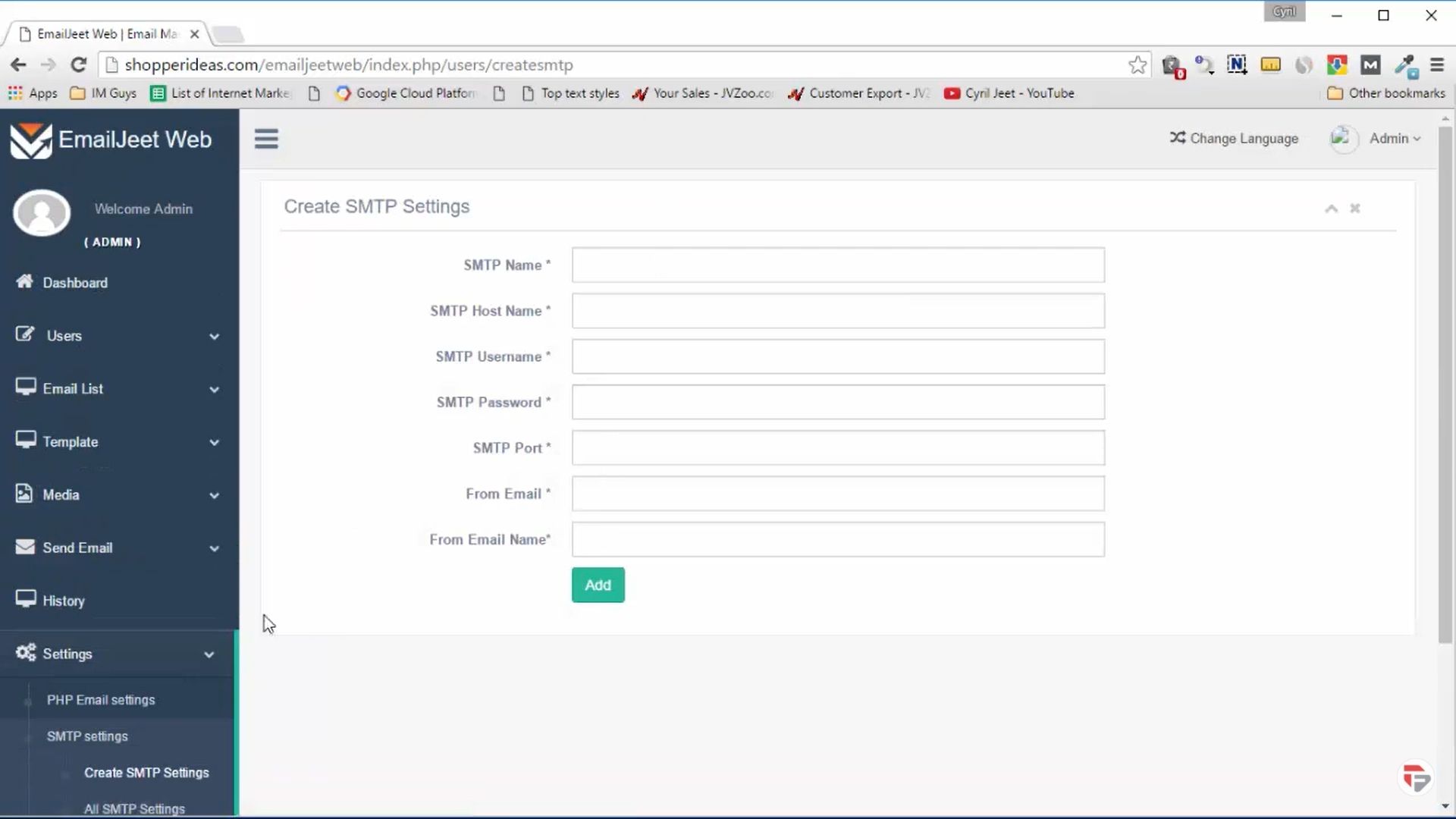 Creating SMTP settings on Email Jeet