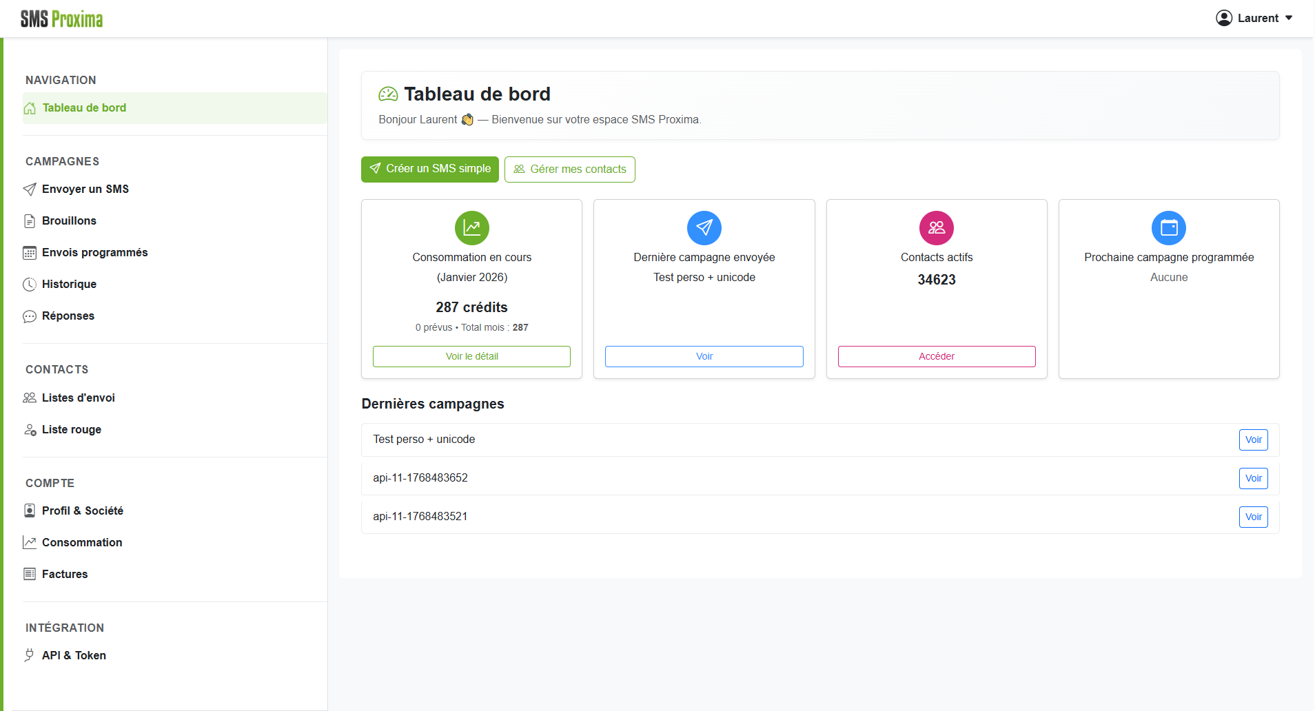 SMS Proxima screenshot: SMS Proxima dashboard