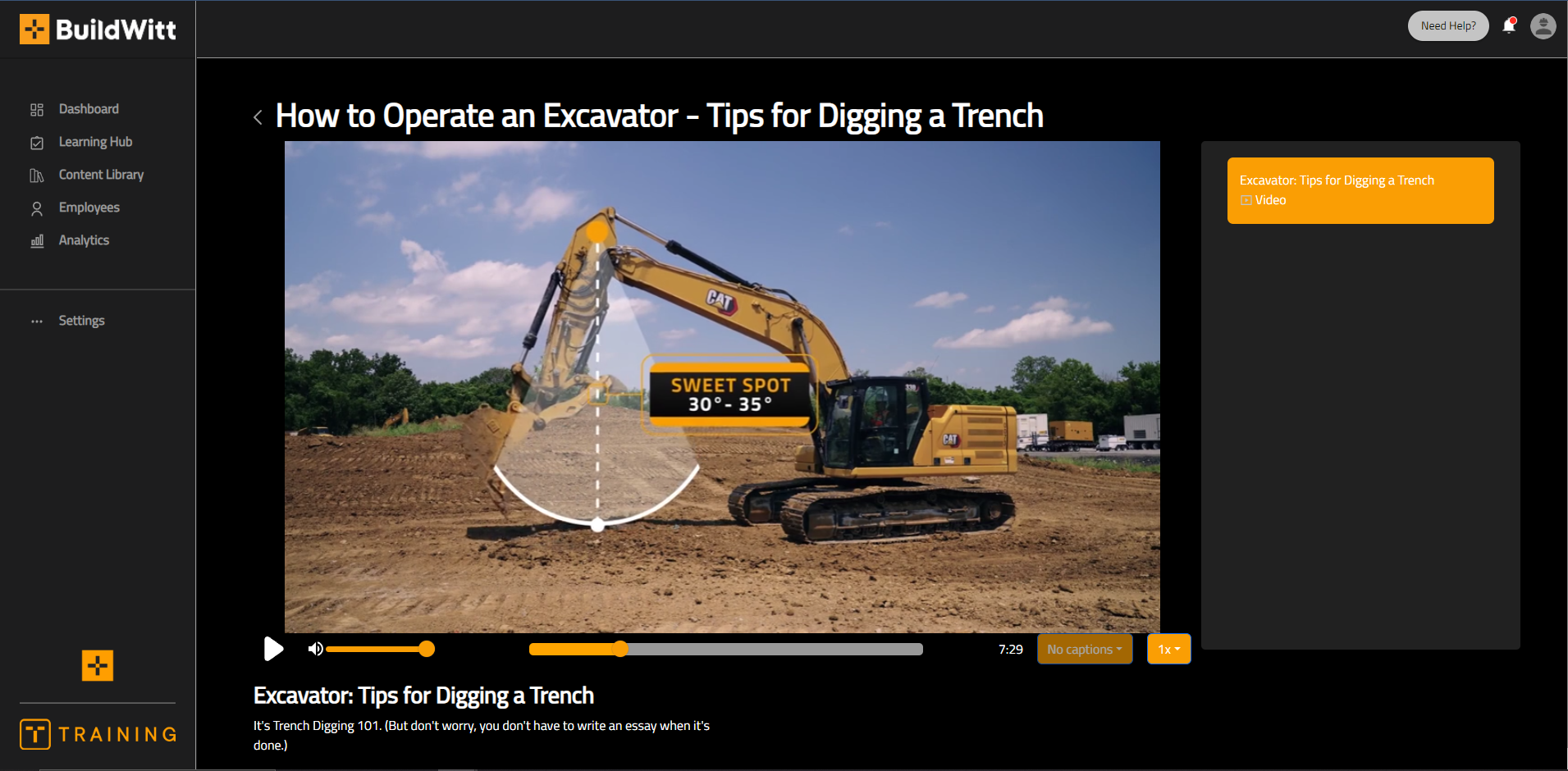 A desktop view of one of our excavator operator lessons. Lessons are led and created by industry experts. They are also short, engaging, and high quality. Many include informational motion graphics like what you see here to help boost knowledge retention.