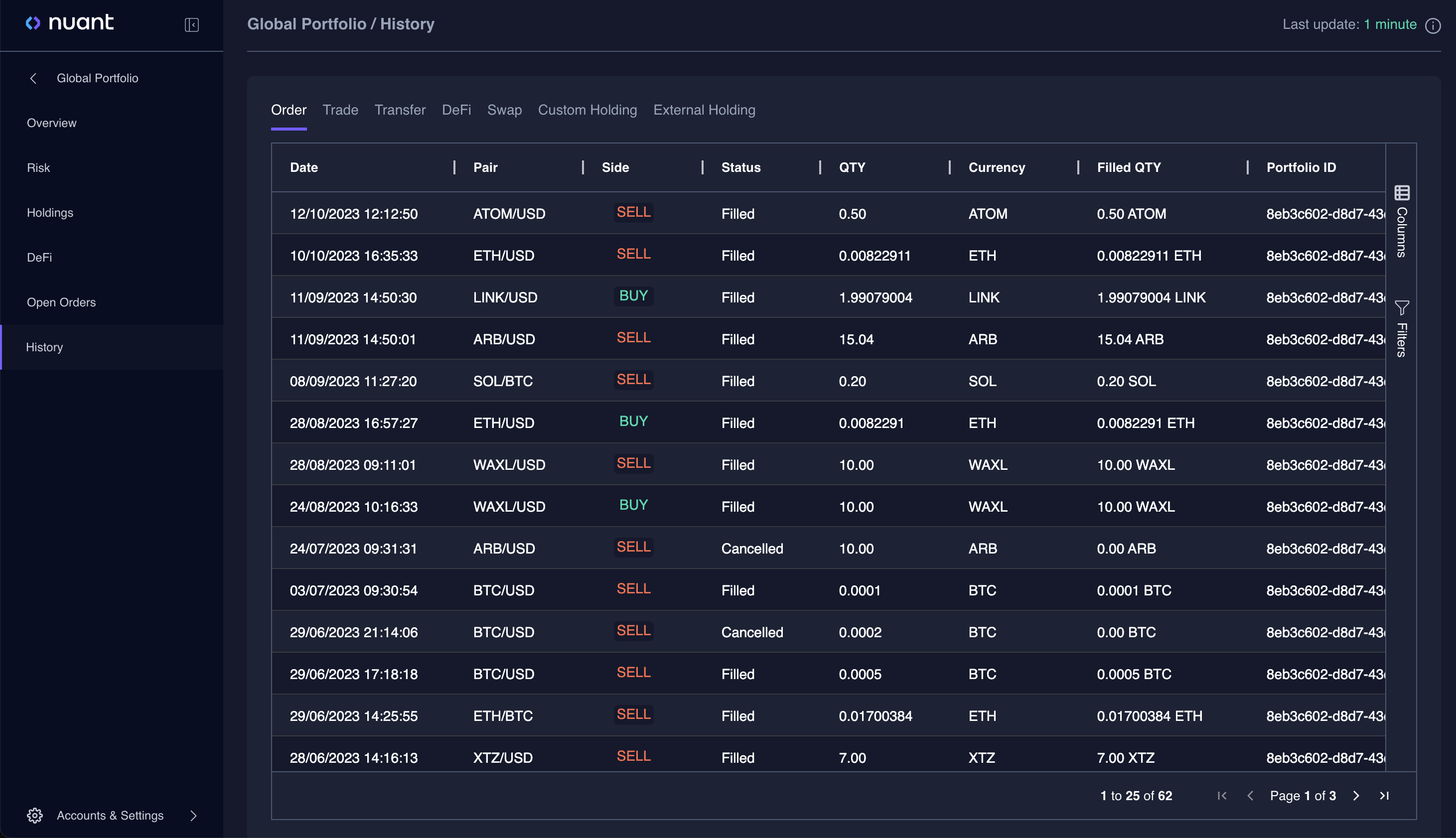 Nuant Portfolio Management System Software - History view