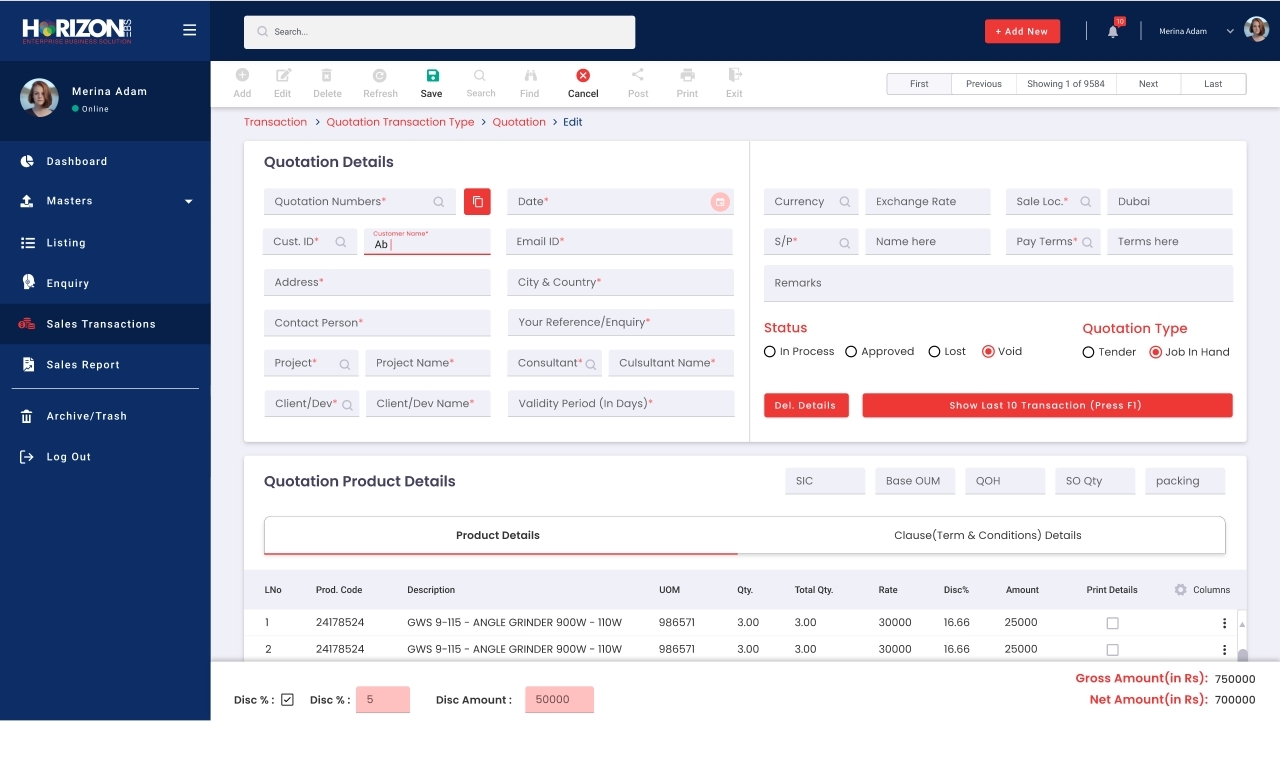 Horizon EBS Software - Sales Transaction