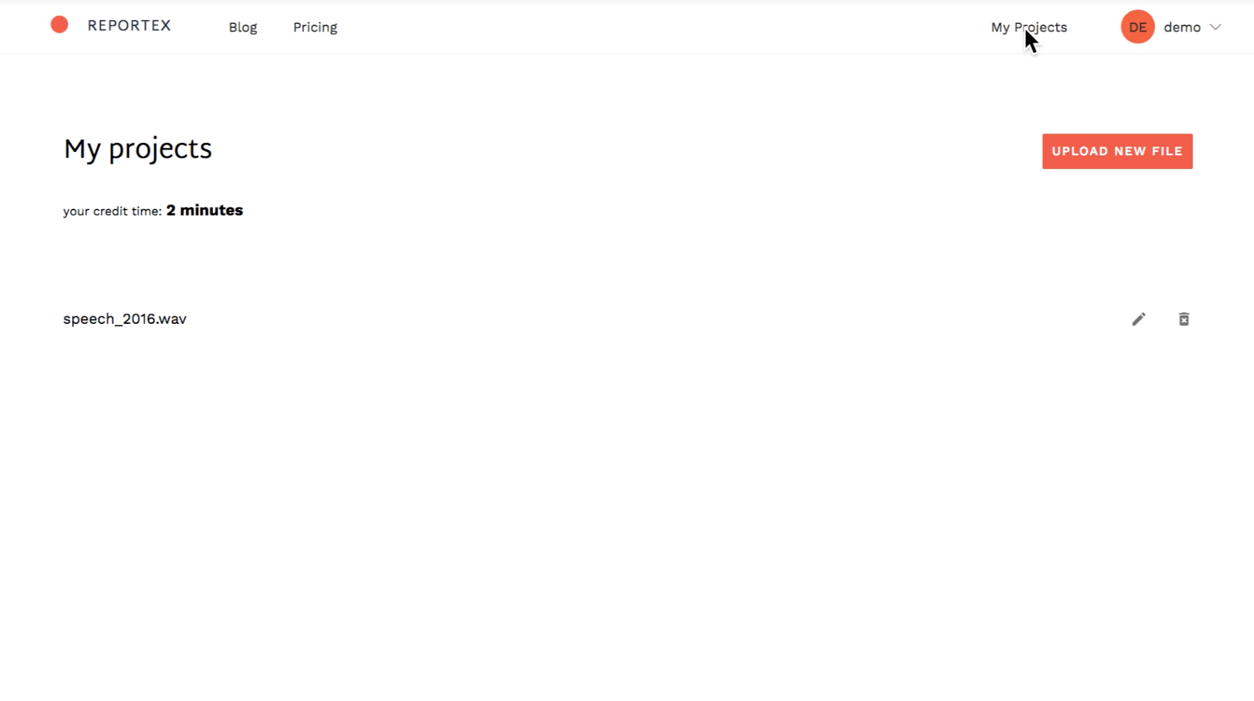 Reportex screenshot: Users can upload and manage transcriptions for multiple audio and video files
