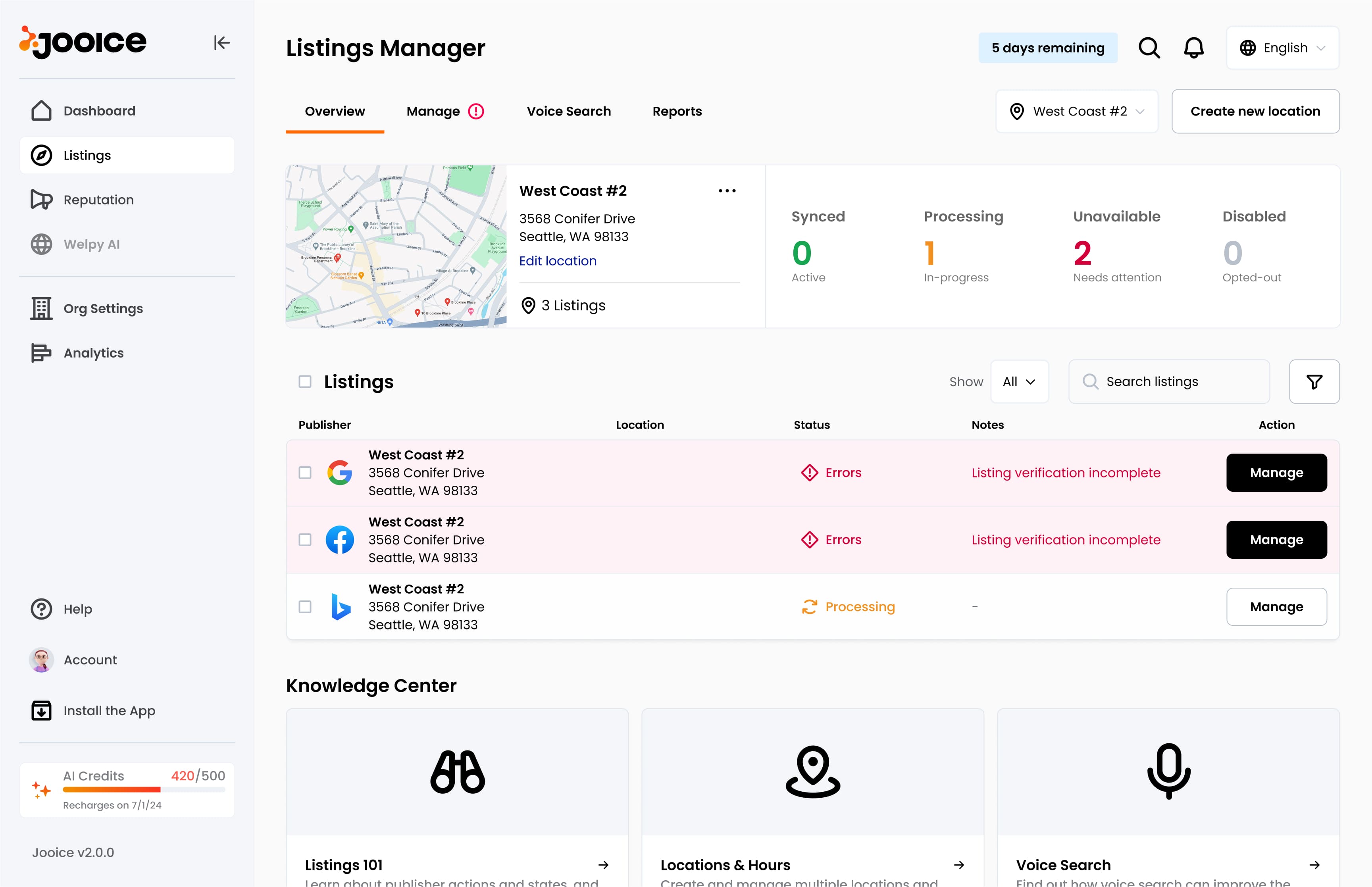 Jooice screenshot: Jooice manage listings
