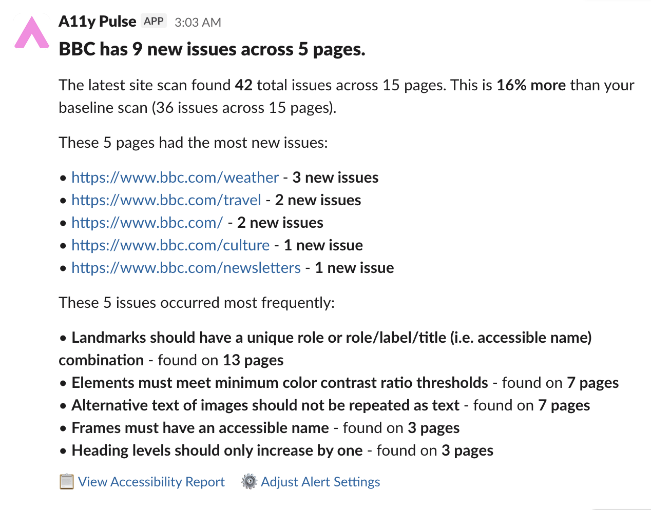 A11y Pulse screenshot: A11y Pulse alerts