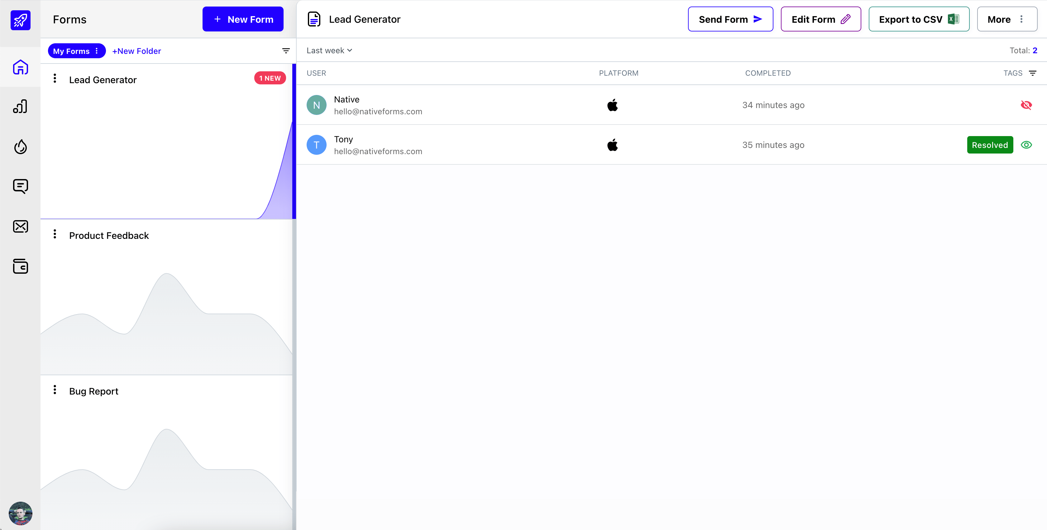 NativeForms screenshot: NativeForms dashboard