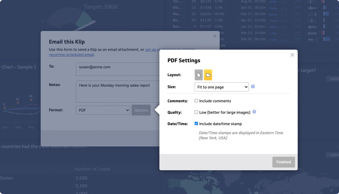 Share your reports via scheduled emails, public links, embeds, or on wall-board TV