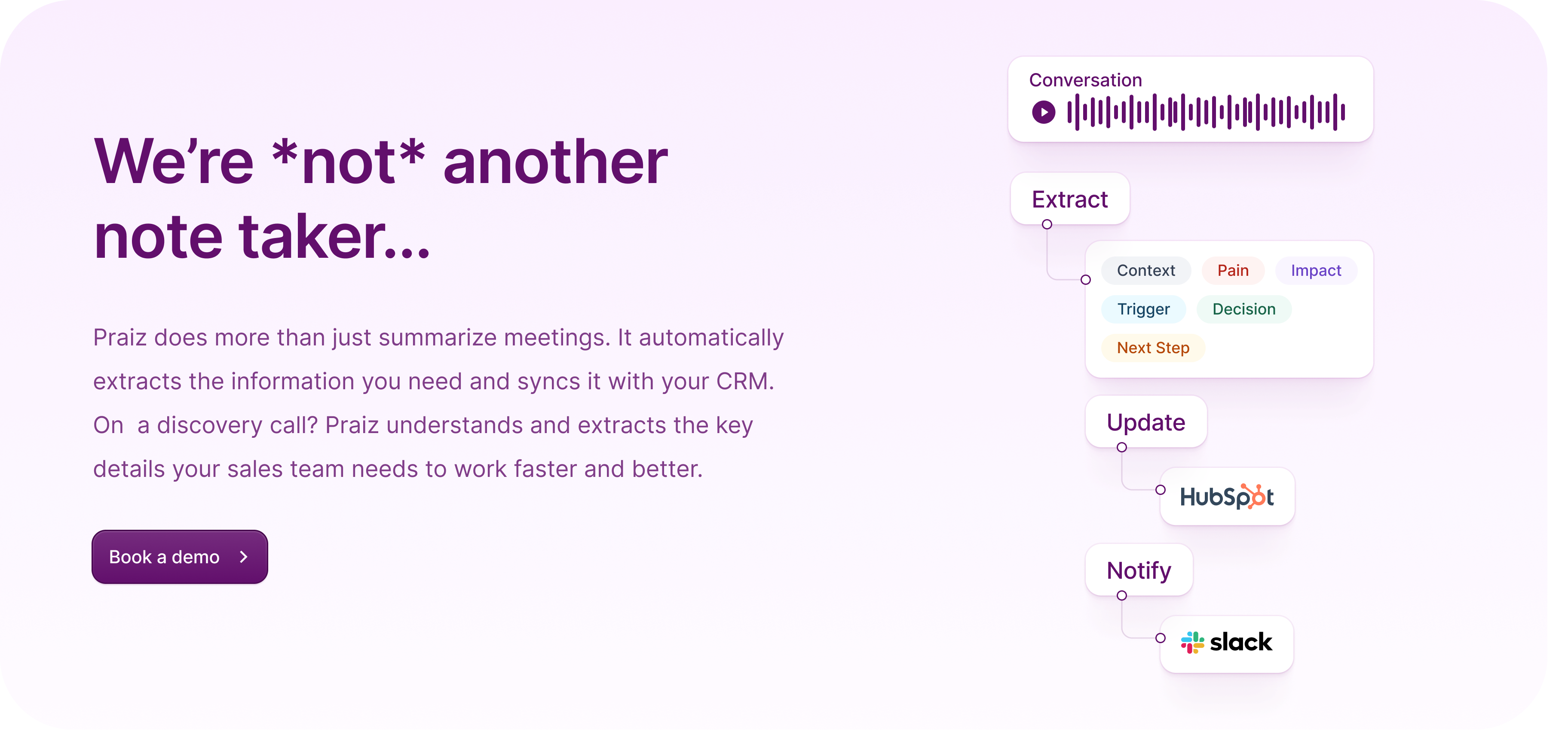 Praiz does more than just summarize all your meetings. Using the best transcription available and a tailor-made Gen-AI extraction technology, we automatically load all the information you need into your CRM or ATS.