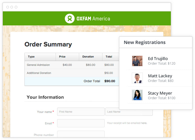 New event registrations and order summary with Your Information web form