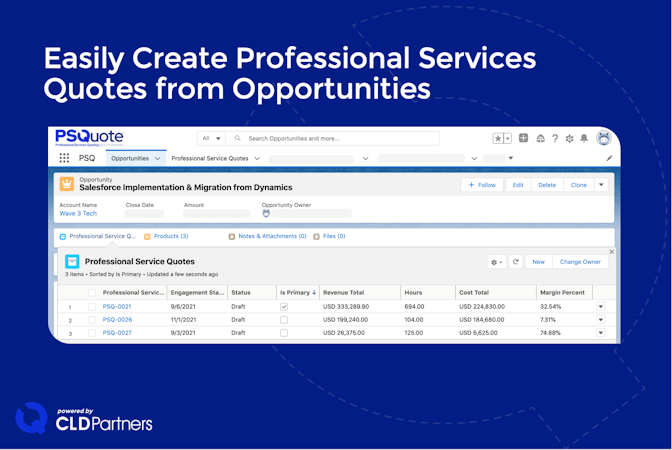 PSQuote screenshot: Sales and Delivery Teams create professional services quotes directly in Salesforce