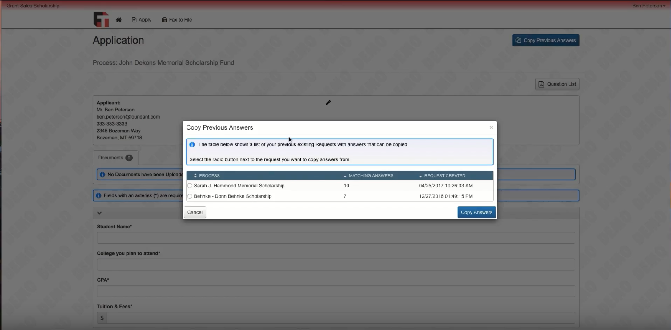 Applicants can automatically copy over questions from previous applications