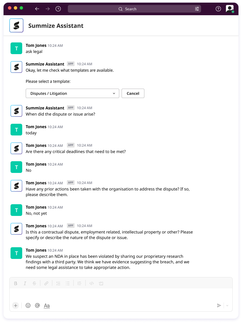 Summize Ask Legal Request within Teams and Slack
