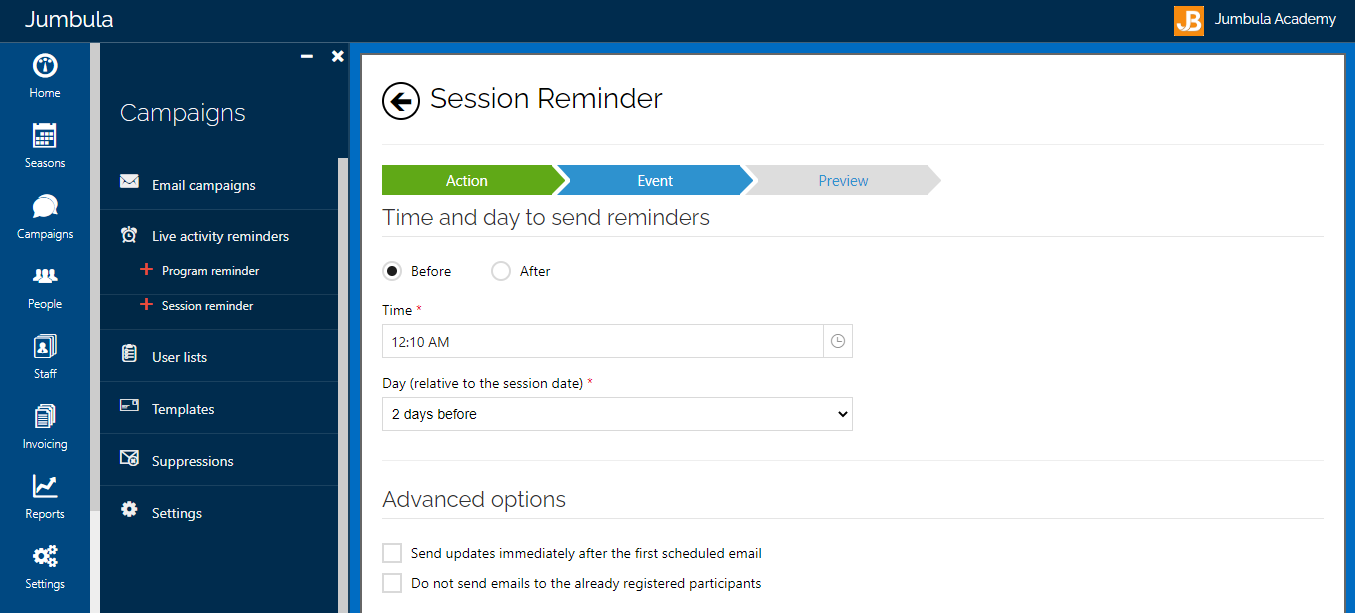 Jumbula Software - Live activity reminder: send a sequence of messages/reminders to your users with only one setup.