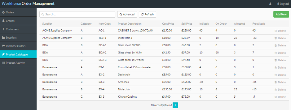 Workhorse screenshot: WorkHorse product catalog