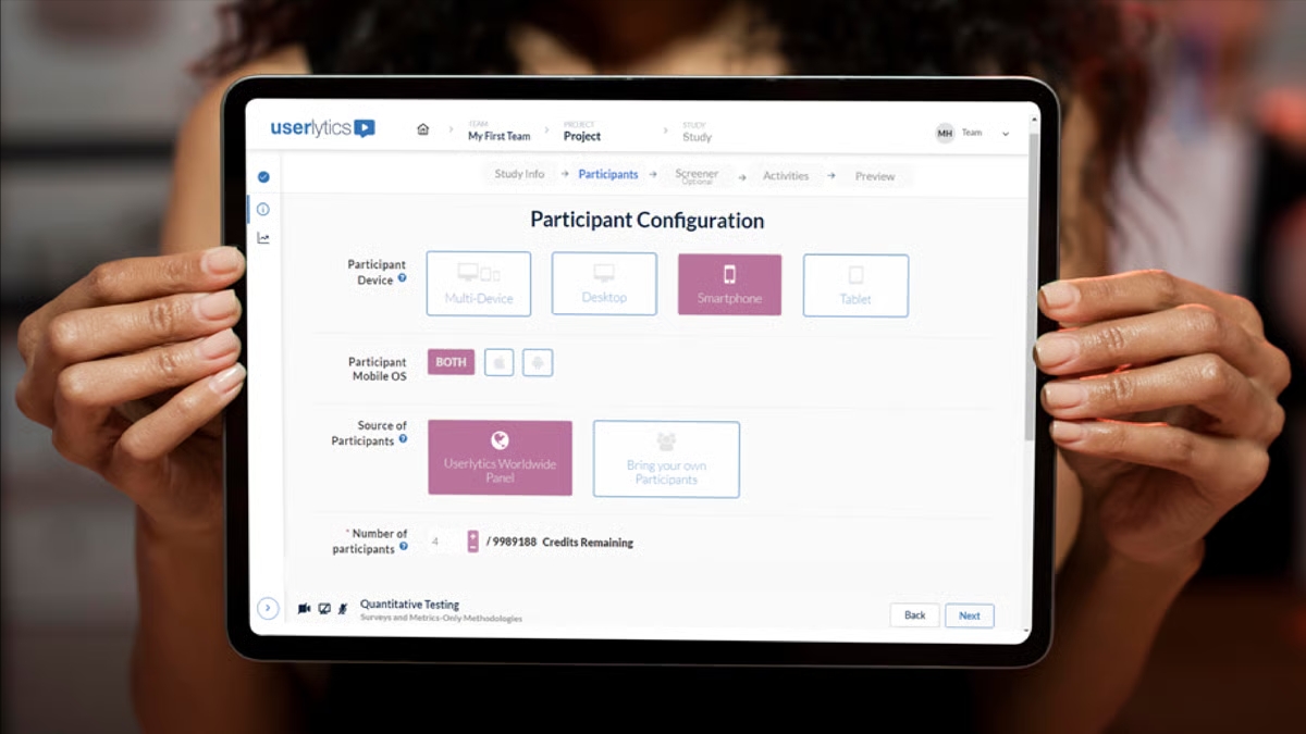 Userlytics screenshot: Simplified study creation: With our new and improved study builder, creating your UX studies and segmenting them by project has never been easier. Just follow the simple, step-by-step guide and you'll be testing your digital products.