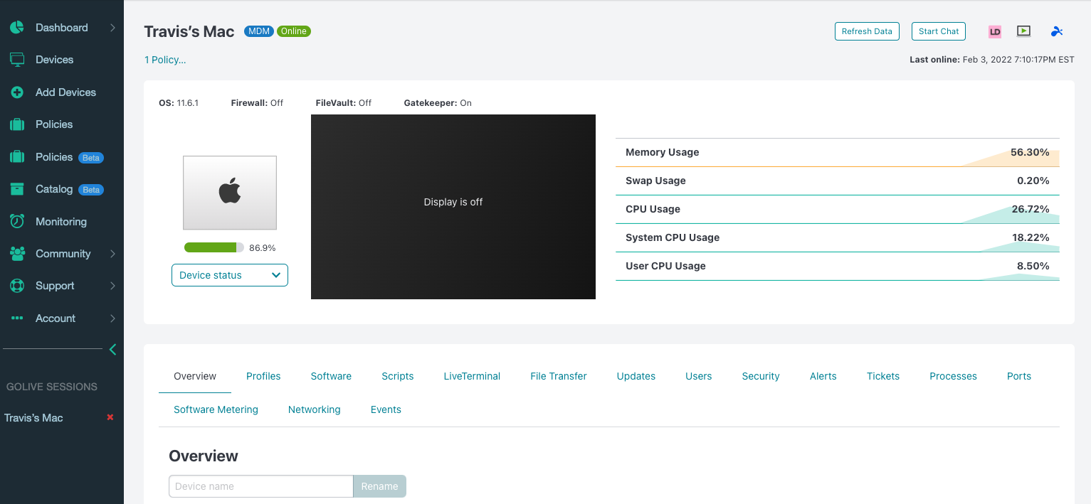 Addigy Software - Access real-time device data with Addigy’s GoLive feature.