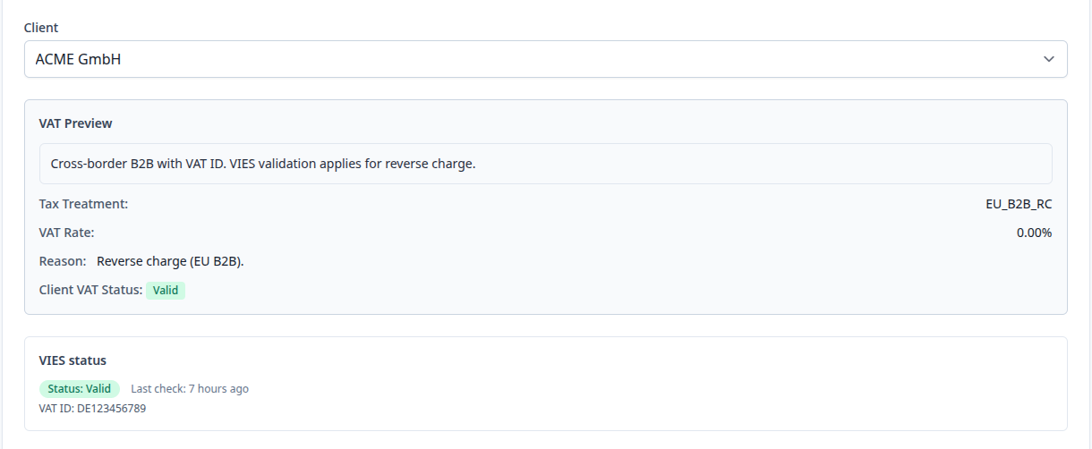 Invoxo screenshot: Invoxo VIES status