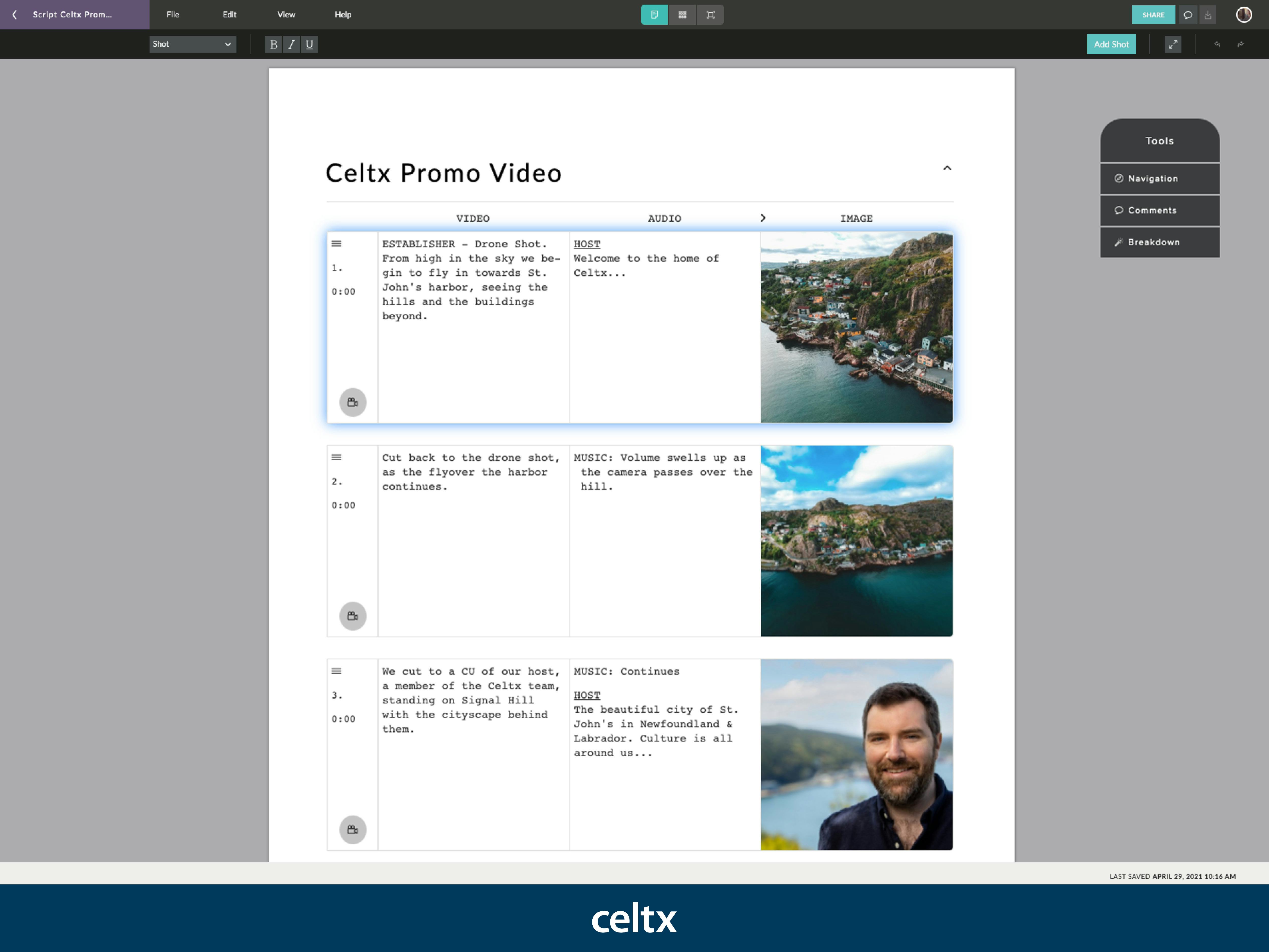 Celtx Software - The Celtx Multi-Column AV Editor was built as a flexible and adaptable solution that supports the pre-production workflow required to keep short-format video projects on-schedule and on-budget.