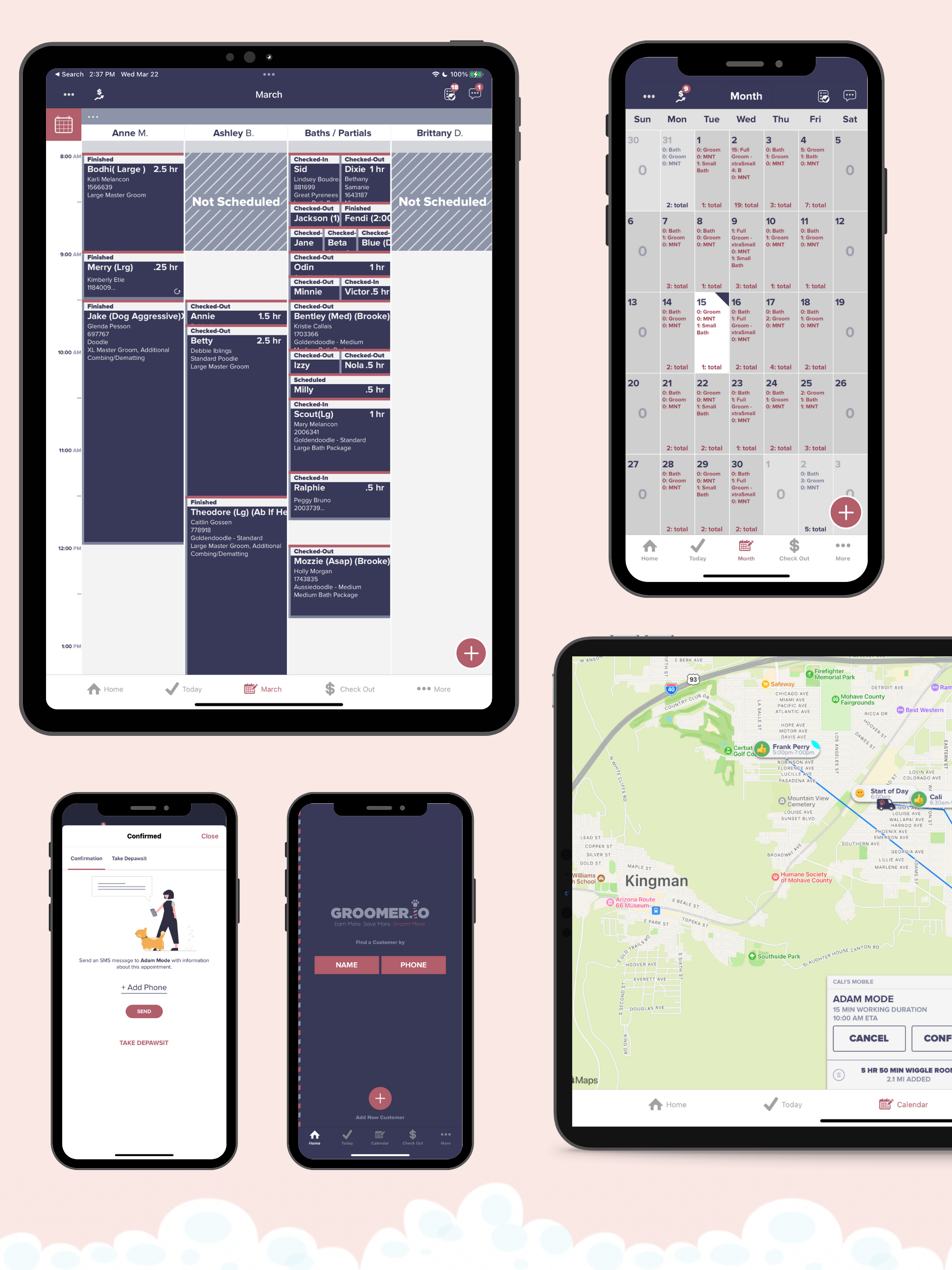See the various calendar views on both mobile and tablet. As well as the smart routing view (bottom right). Confirm appointments at the click of a button (bottom left).