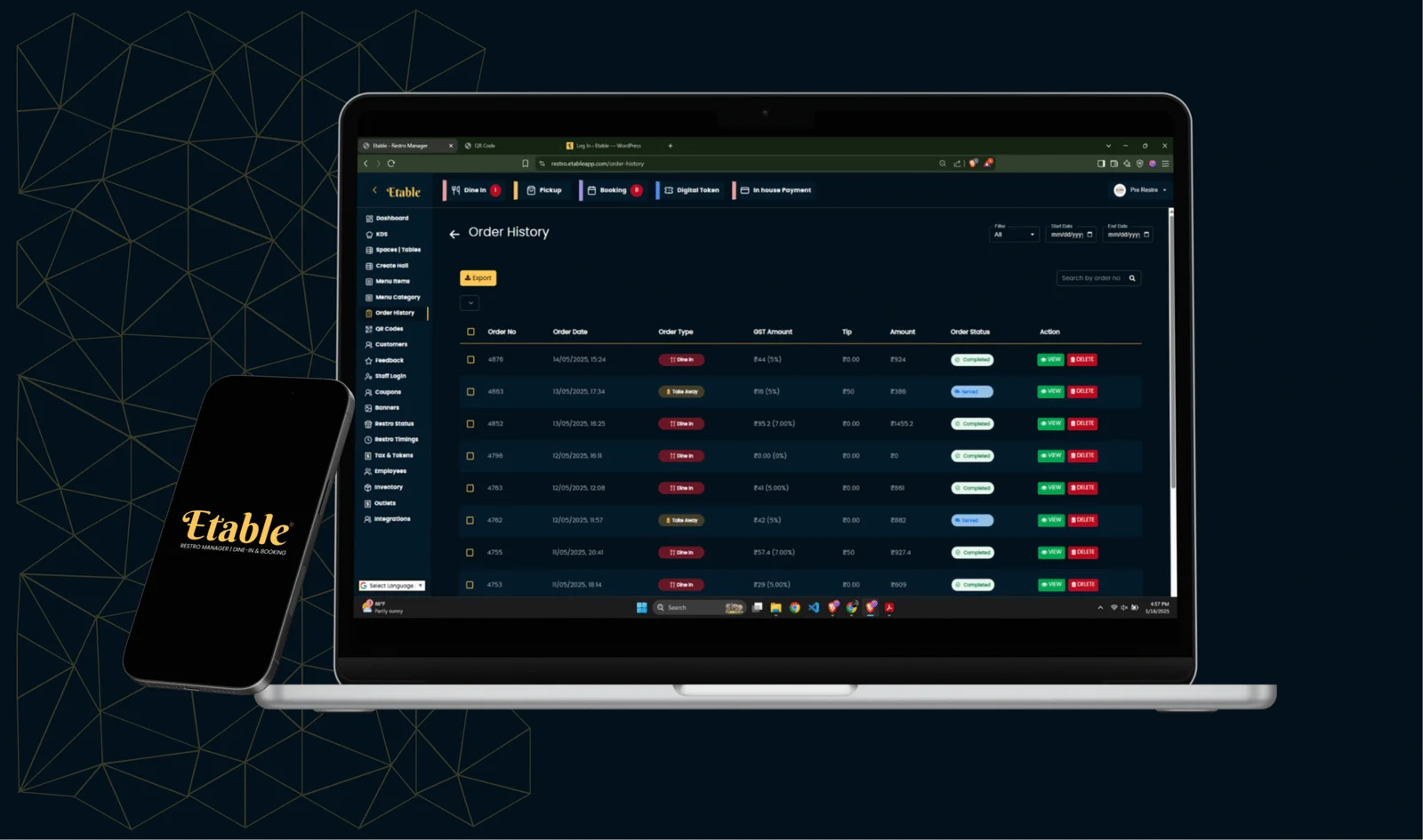 Etable Restro Manager screenshot: Etable Restro Manager order history