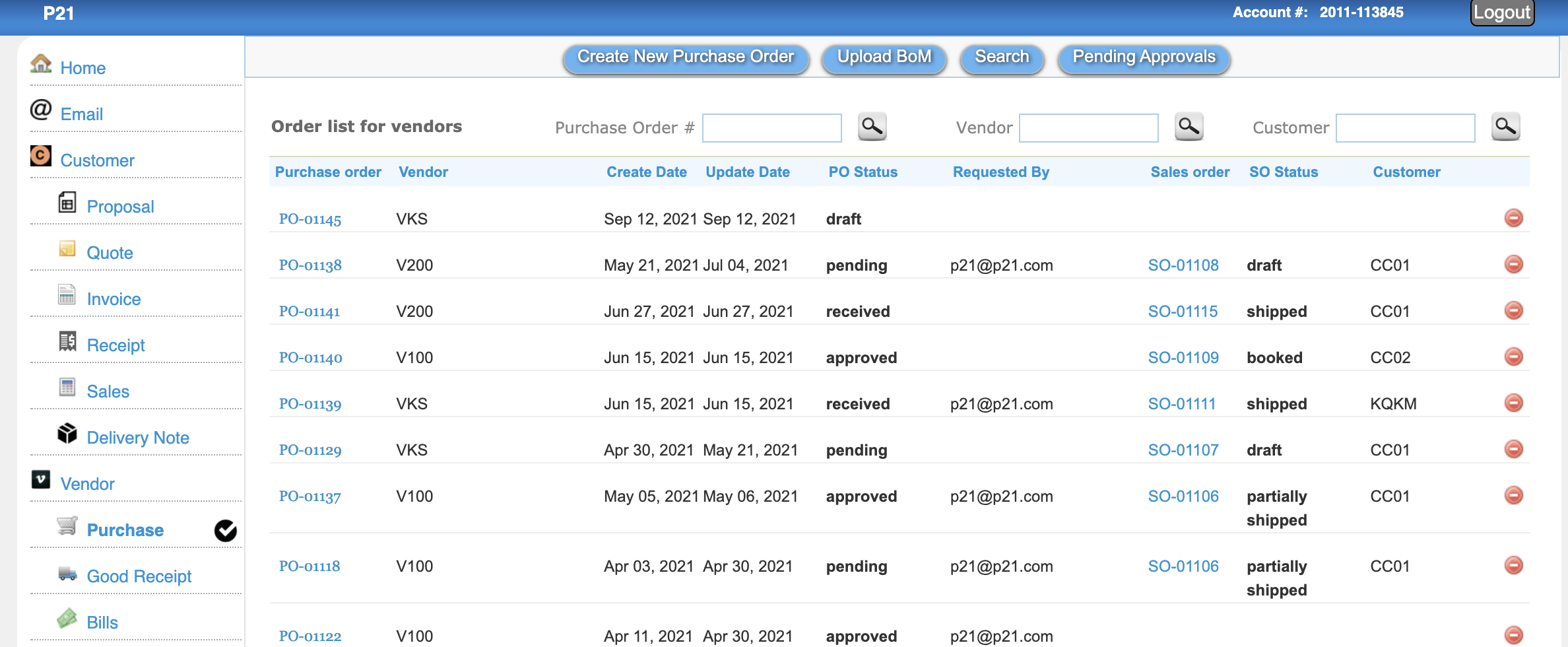 Datamoto screenshot: purchase order