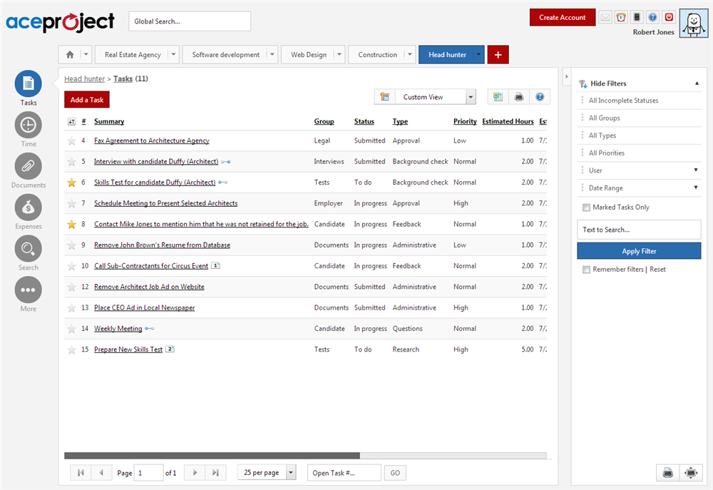 AceProject screenshot: View your tasks by project. Tasks can be filtered with several critia, and you can choose the columns you want to see.