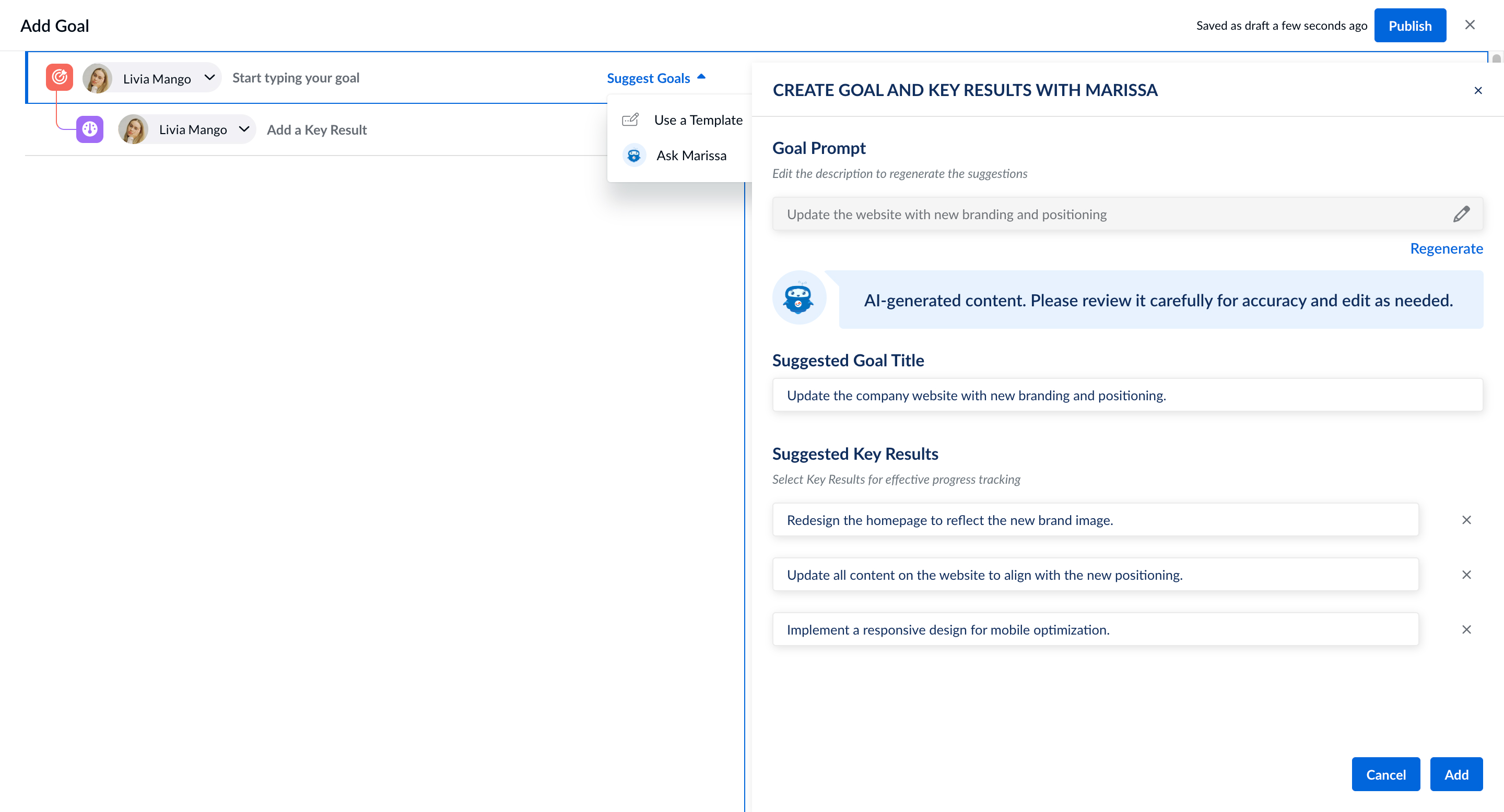 Engagedly Software - Engagedly Goal and Key Results Recommendation by Marissa AI