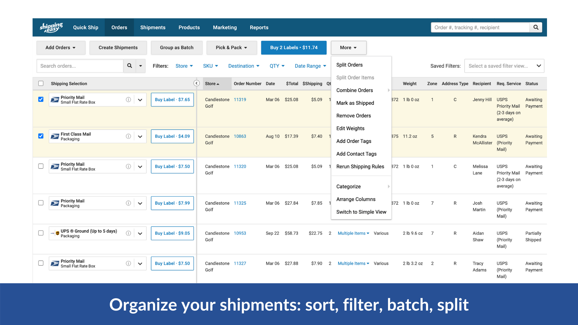 ShippingEasy Software - Sort, filter, batch, and split orders. Organize shipping your way.