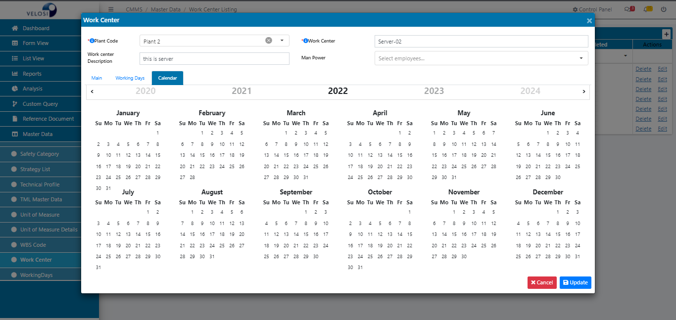 VAIL-CMMS Work Calendar.