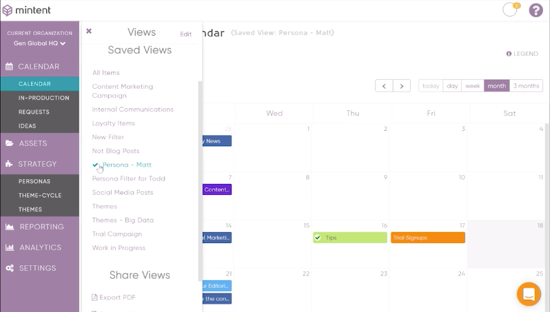 Mintent Software - The calendar can be filtered by content type, persona, production stage, and more
