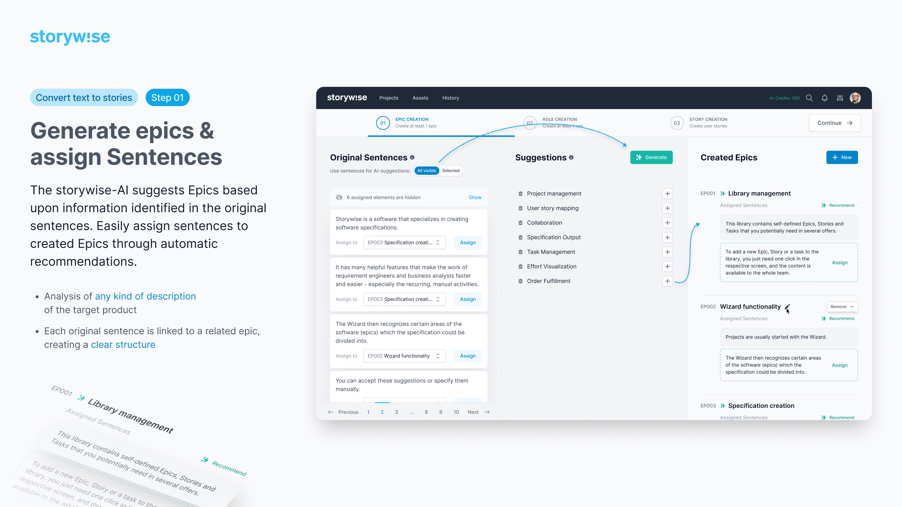storywise screenshot: storywise generate epics and assign sentences