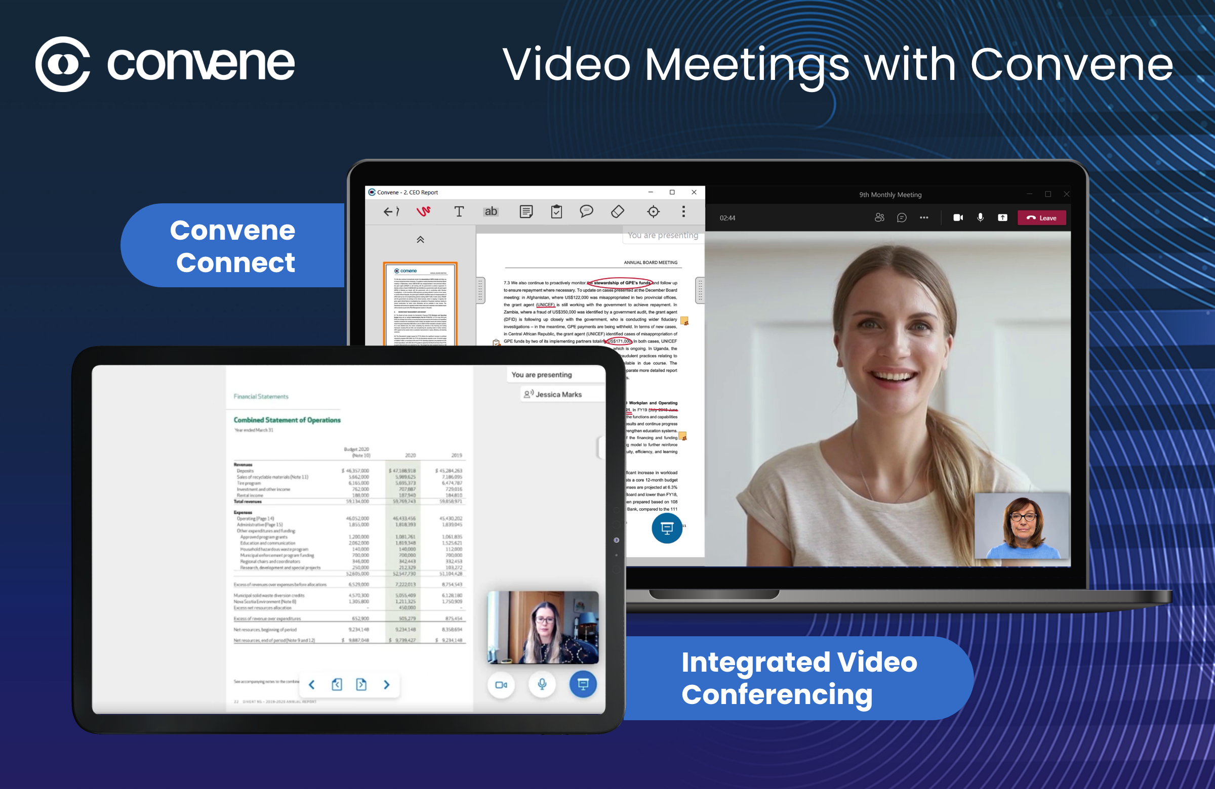Complete your virtual meeting experience with a side-by-side view of your document and video call—via built-in Zoom or Convene Connect—on one screen.