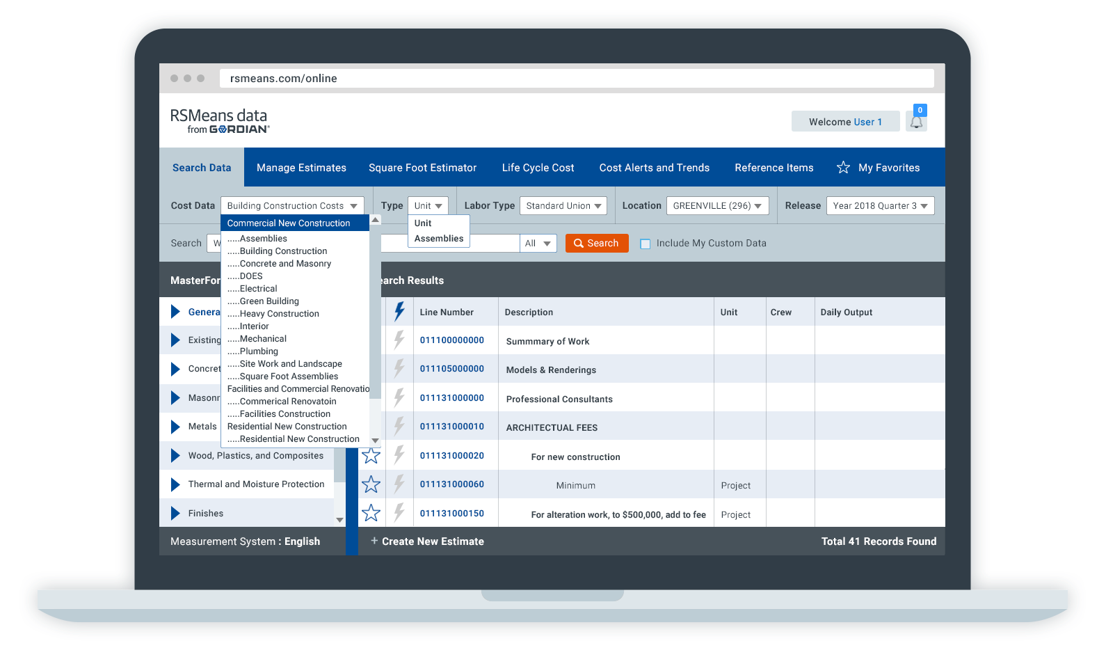 RSMeans Data Online Software - Easily search by keyword or CSI MasterFormat through the data to find the costs for your estimates and pin frequently used items.