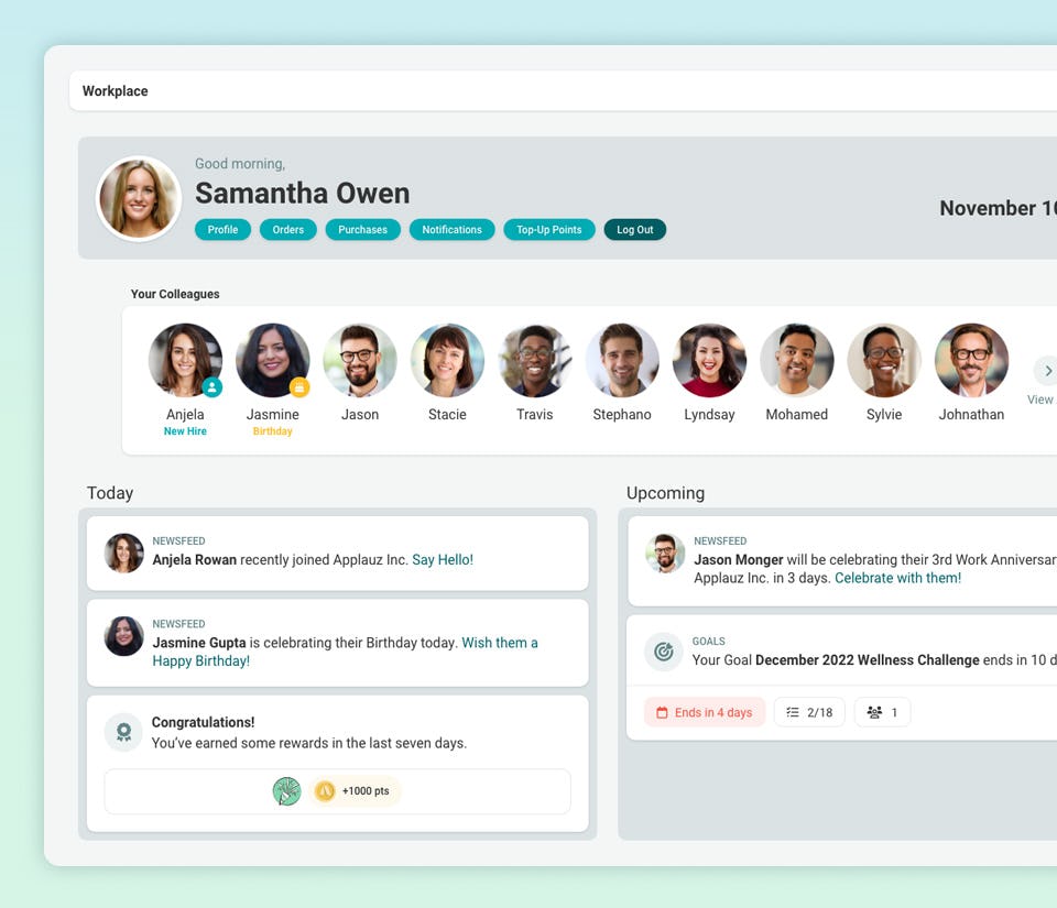 Applauz Recognition Software - Company Workplace – Stay informed with timely company news and employee updates, all in one place. Easily view your teammates' profiles at a glance and receive important notifications designed to enhance your focus and foster a positive workday.