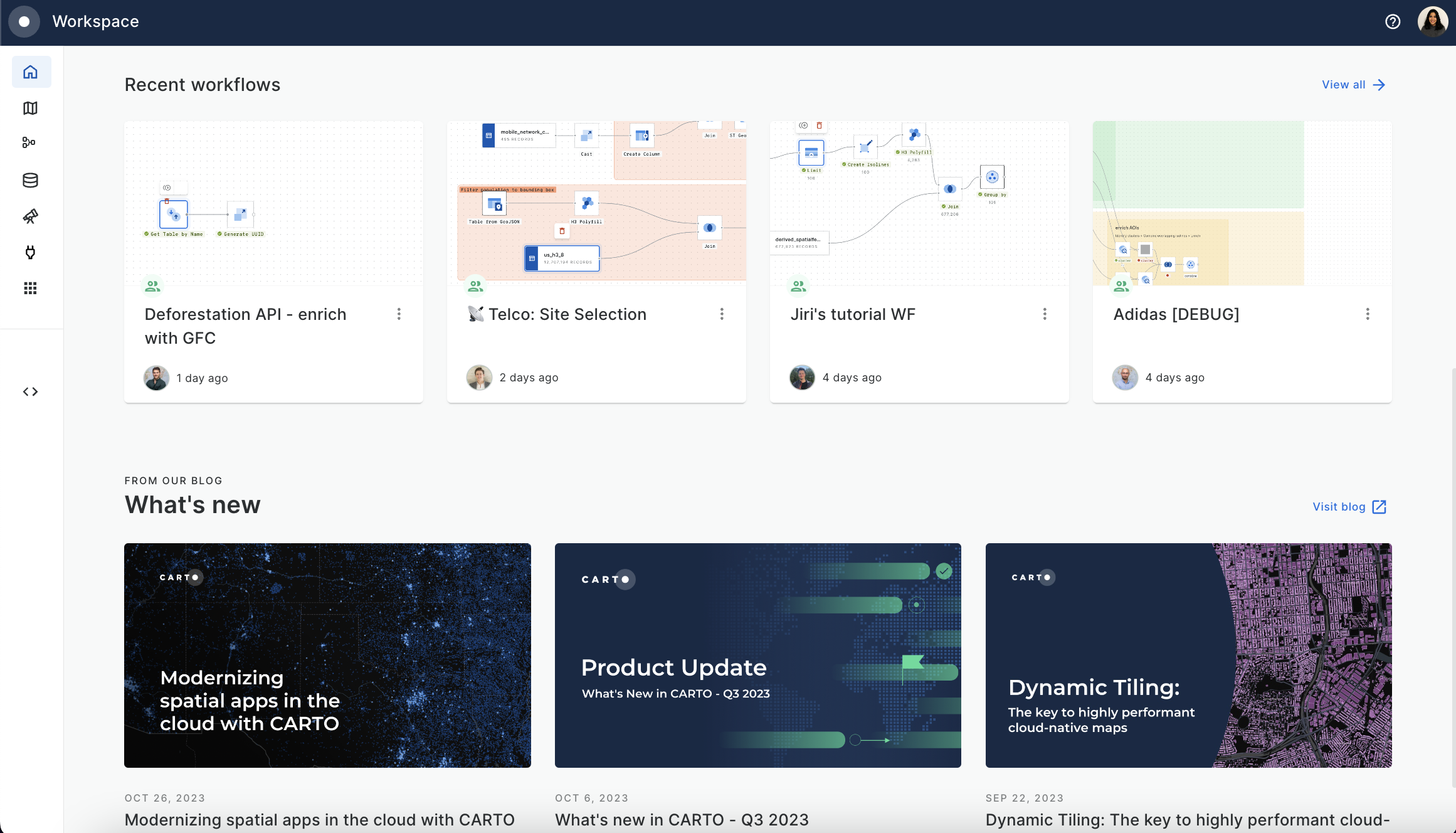 CARTO  screenshot: CARTO Workspace allows you to manage connections to your data warehouse(s), explore your data, subscribe to Data Observatory datasets, develop spatial applications, and run visualizations and spatial analysis through our tools Builder and Workflows.