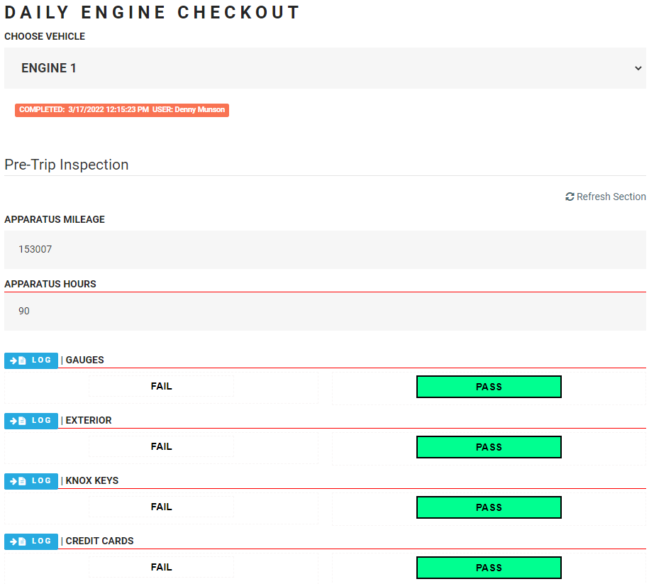Daily Vehicle Checkouts. Customized to vehicle types and easily performed from mobile device. Problems can be reported from the checkout and sent to the unit's log.