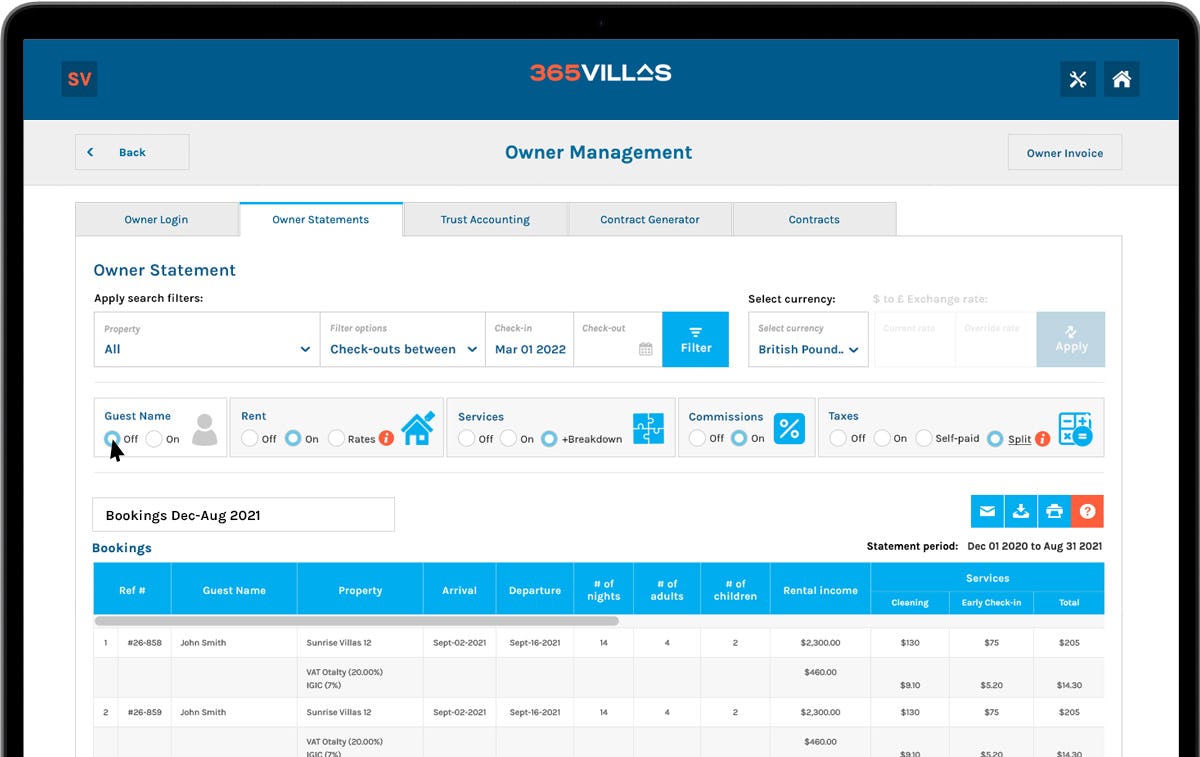 365villas Software - Owner Statements