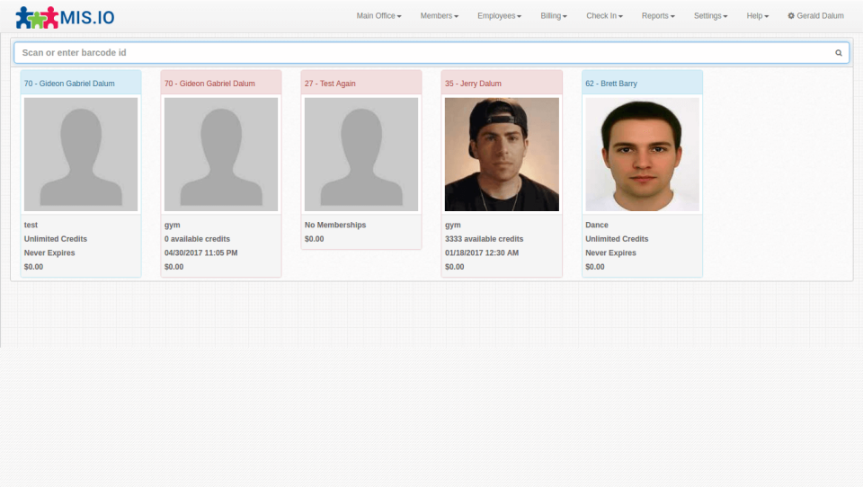 Membership Integrity System check-in screen