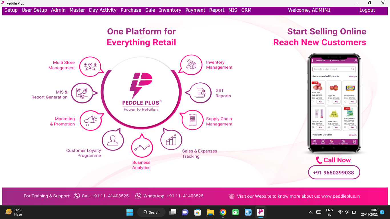 Home Screen - Peddle Plus home screen shows the various modules our retailers can navigate through. It details our solutions and how they can be utilized to solve all retailing problems.