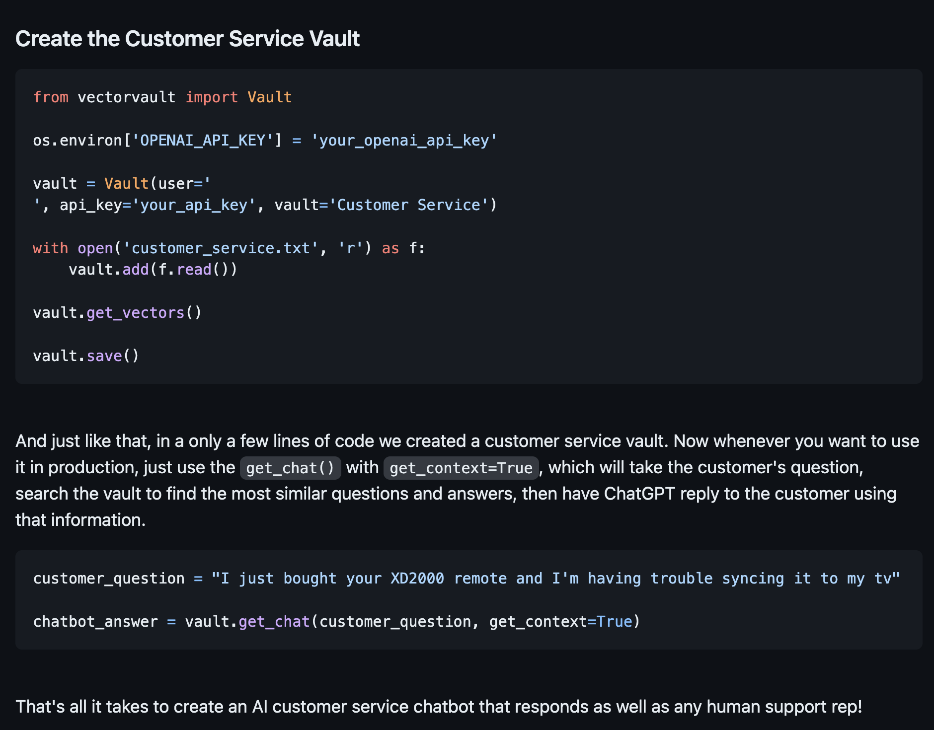 Vector Vault customer service AI Chatbot