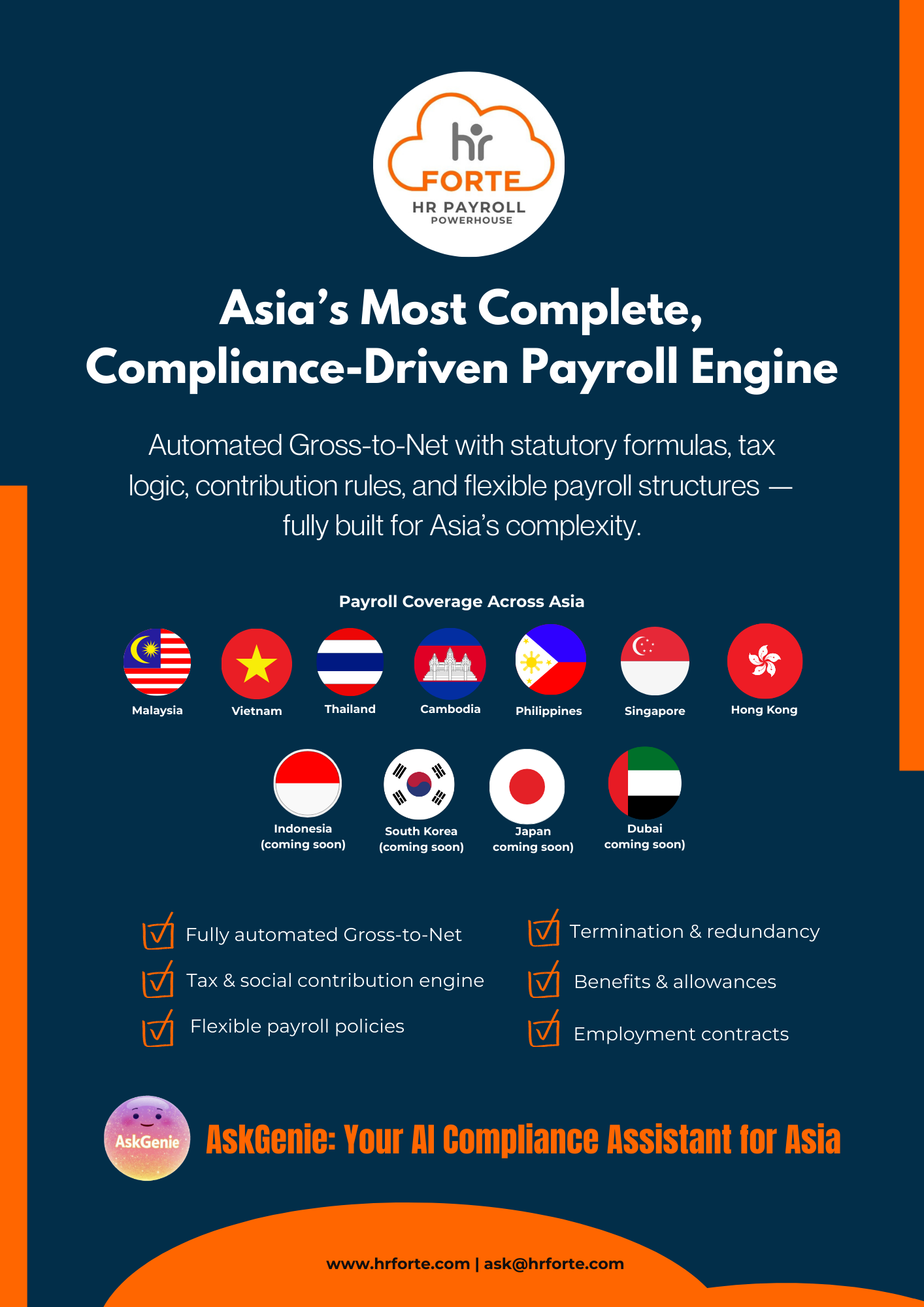 HR Forte screenshot: Overview of HR Forte’s Asia-compliant payroll engine showing multi-country coverage, automated statutory calculations, flexible payroll structures, and AskGenie—an AI HR compliance assistant for Asia.