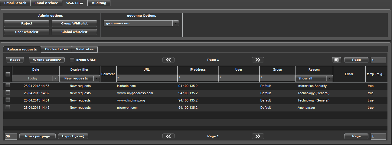 Hornetsecurity web filter control panel