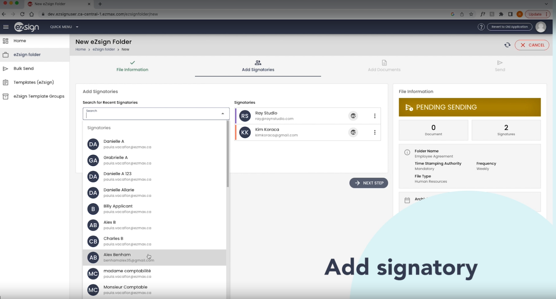 eZsign screenshot: eZsign adding signatories