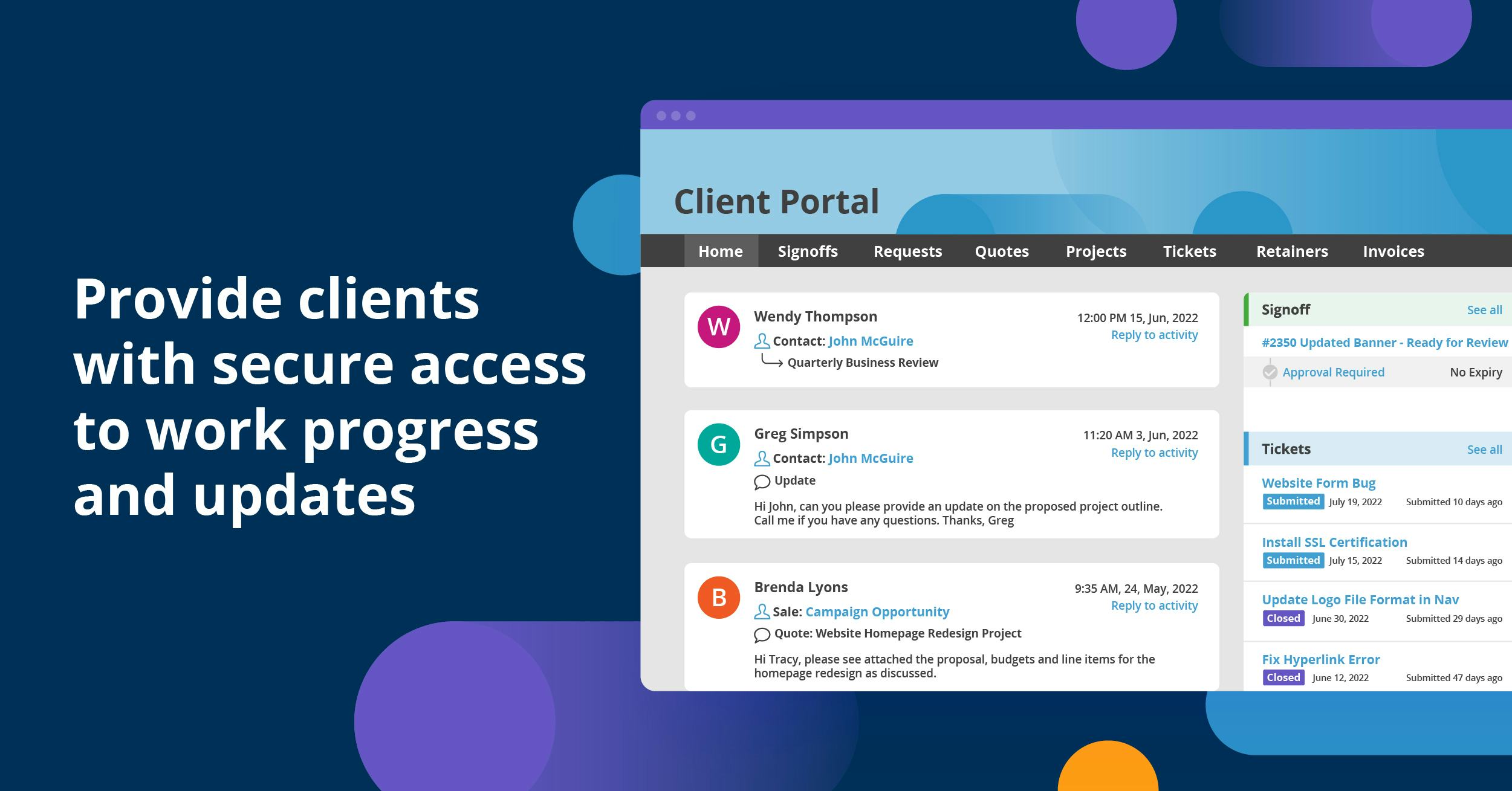 Accelo Software - Client Portal - Provide clients with secure access to work progress and updates