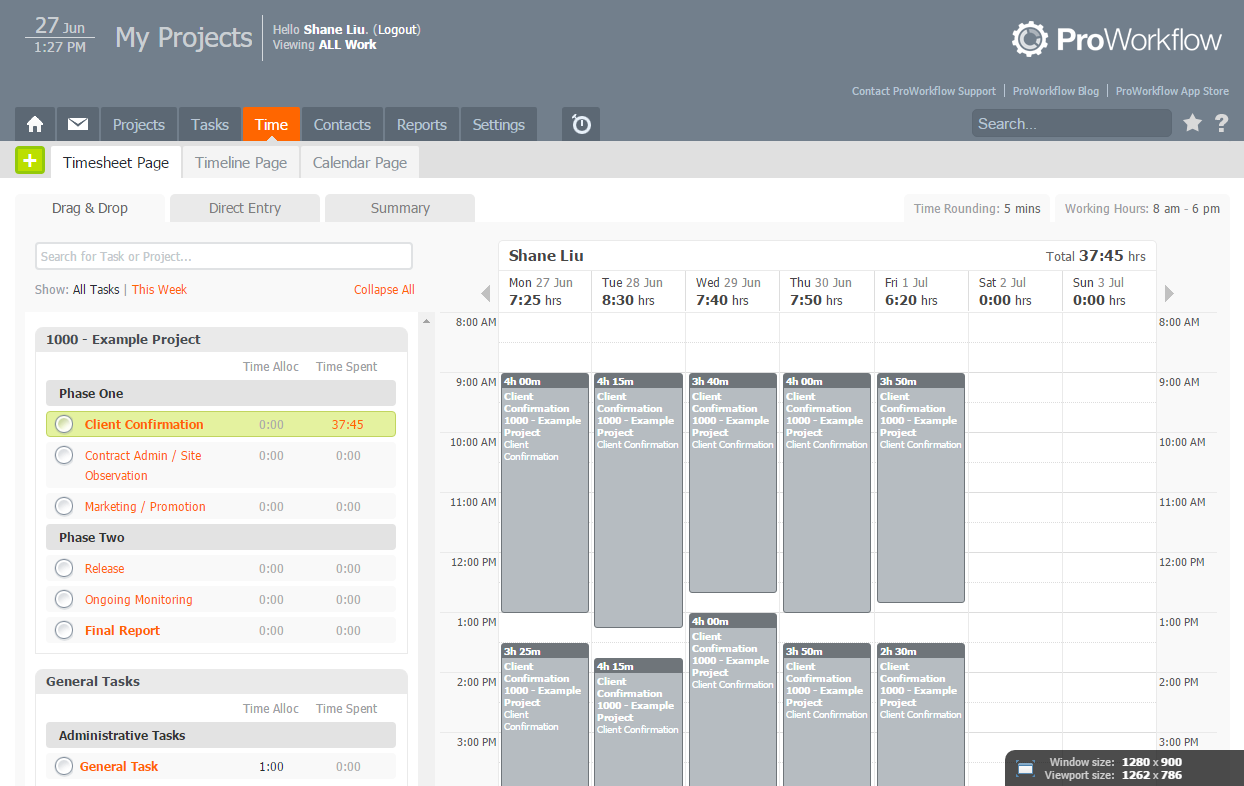 ProWorkflow's drag and drop timesheet
