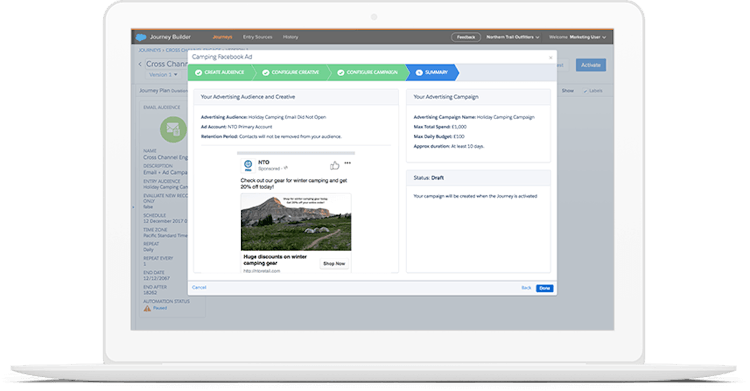 Salesforce Marketing Cloud screenshot: Build audiences on Facebook, Google, Instagram, Twitter, YouTube, and — with Salesforce DMP — the entire display advertising ecosystem.