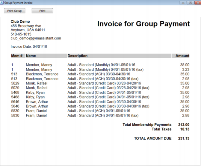 Gym Assistant Software - Gym Assistant invoice