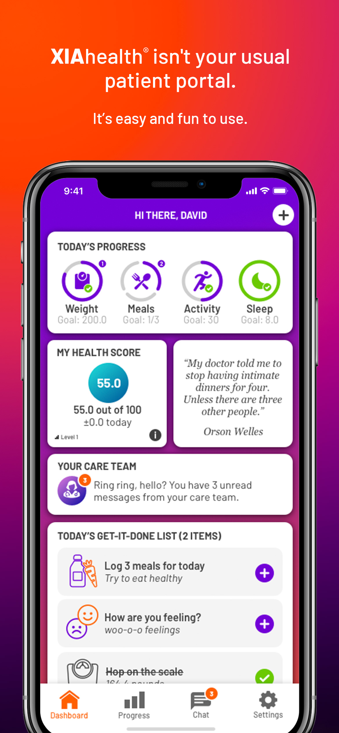 Your patient's dashboard displays a summary of their daily progress toward their health goals, unread messages from you (their trusted care team), their to-do list or care plan, and fun encouragement!