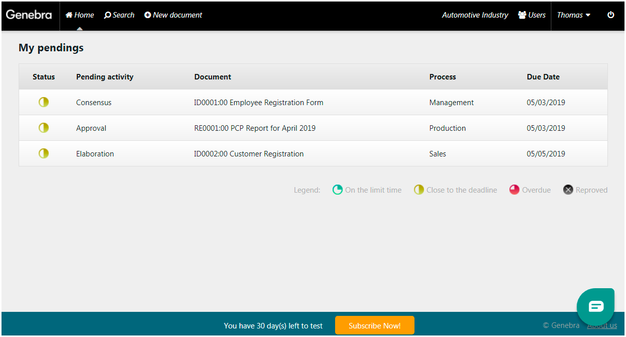 Genebra screenshot: Users are automatically notified by Genebra of documents requiring action